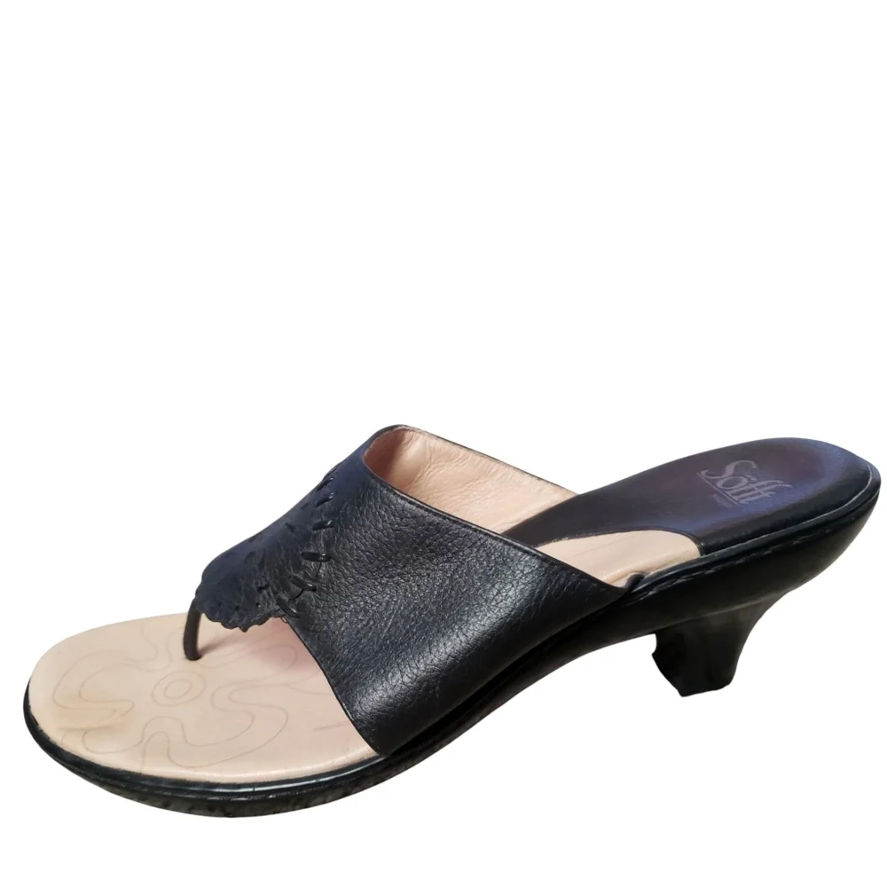 Sofft Sandals Black Womens 9.5 Heeled Thong Comfort Casual Leather Slide Sandal